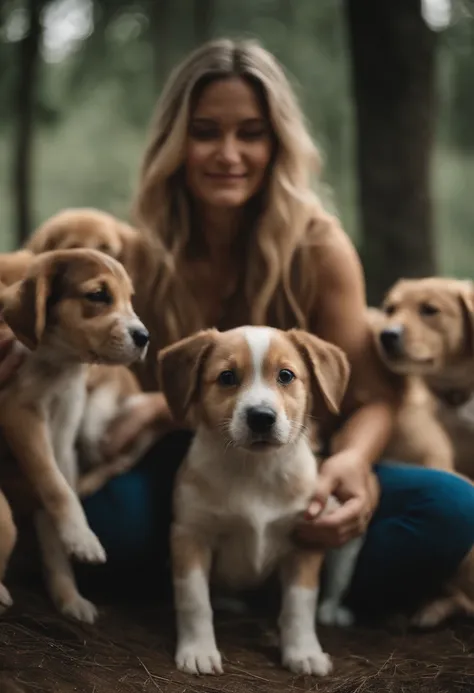 Woman sitting on the ground with a bunch of puppies - SeaArt AI