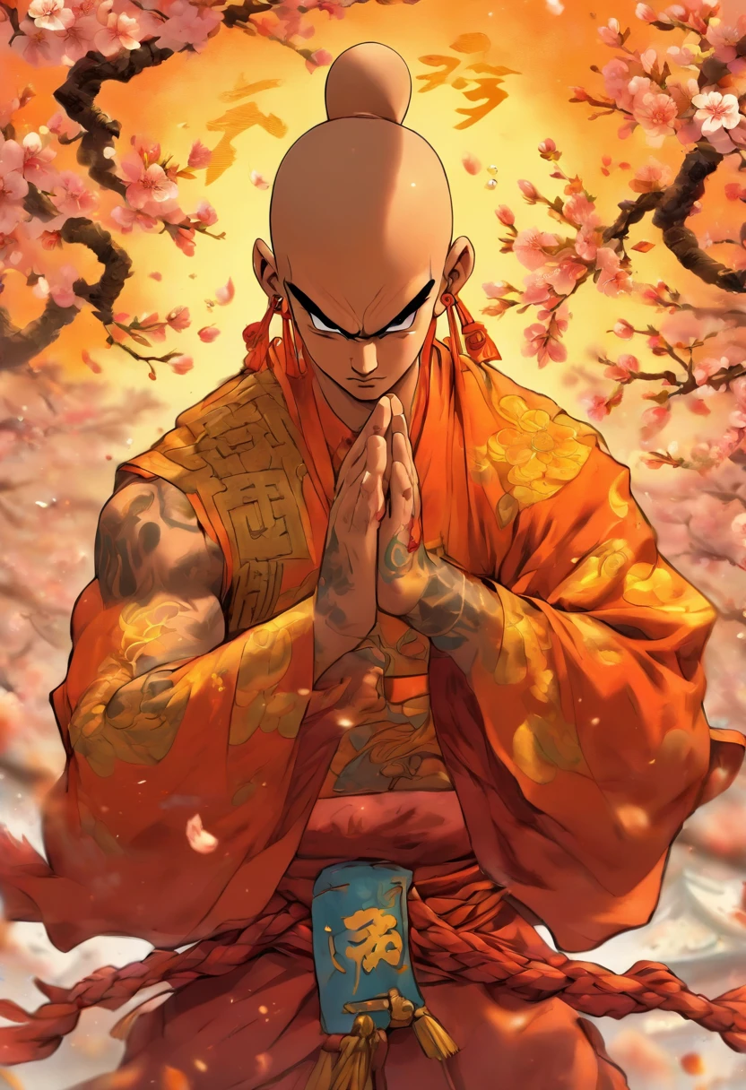 A brave and powerful shaolin monk warrior, bald head, blue eyes, wearing highly detailed traditional shaolin monk robes and prayer beads, tons of tattoos and piercings, wielding a golden battle staff, cherry blossoms blowing in the wind, highly detailed background, perfect masterpiece, high quality, high resolution