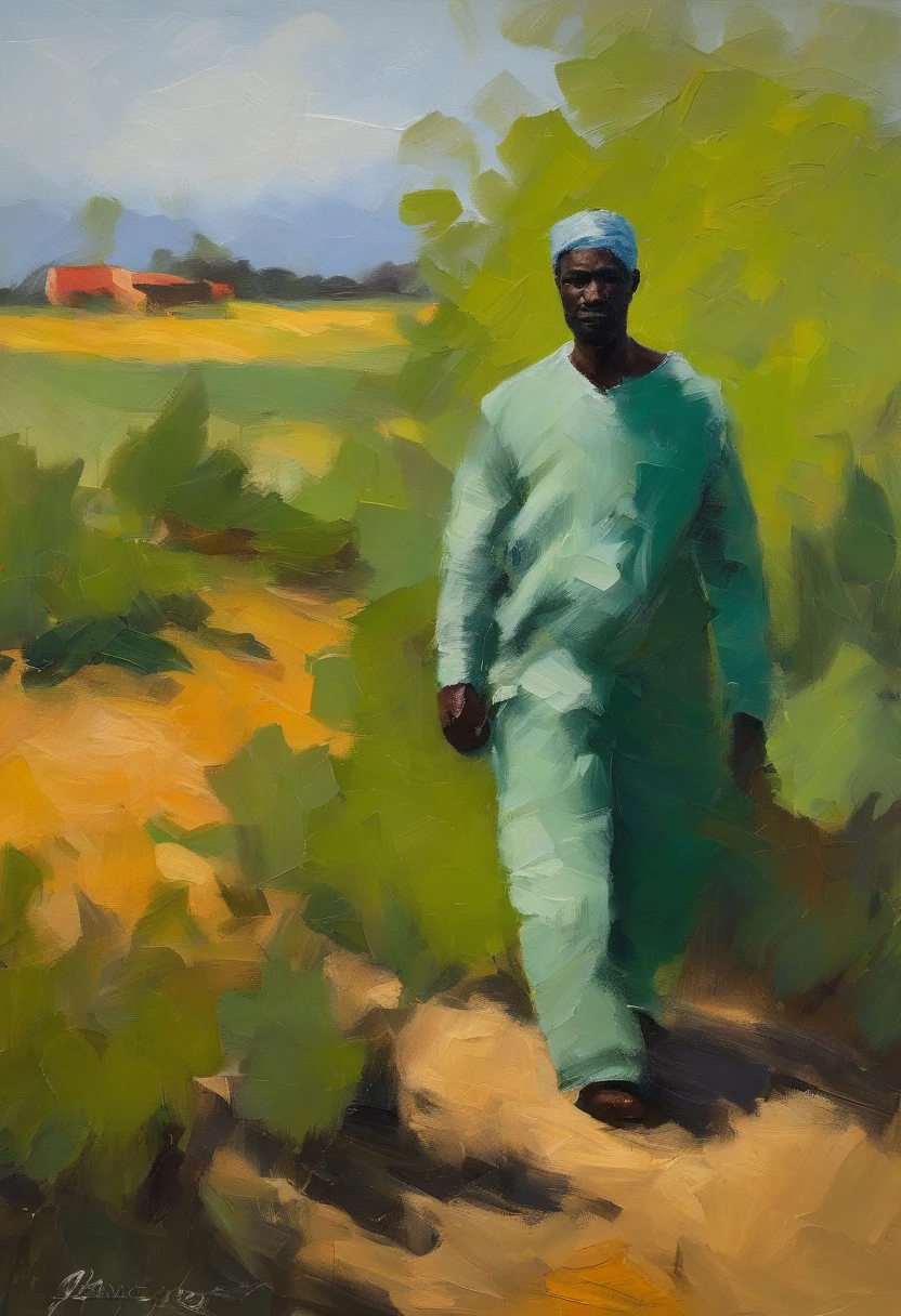 Painting of a man walking down a dirt road in a green outfit - SeaArt AI