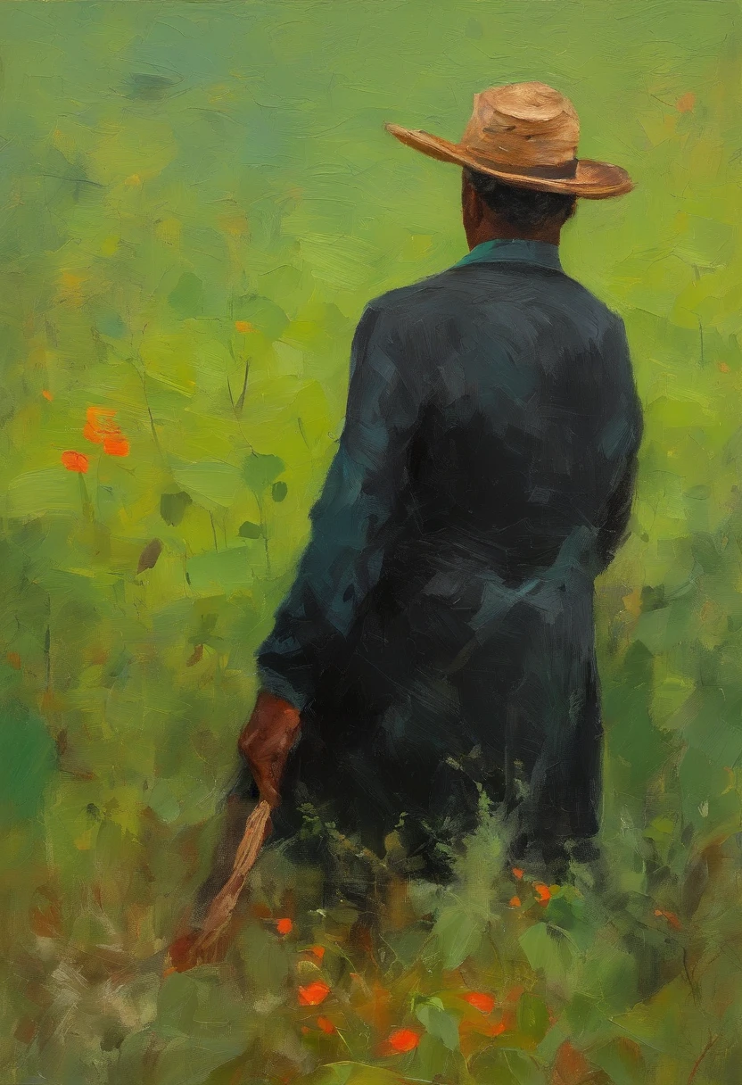 Painting of a man in a hat and a cane in a field - SeaArt AI