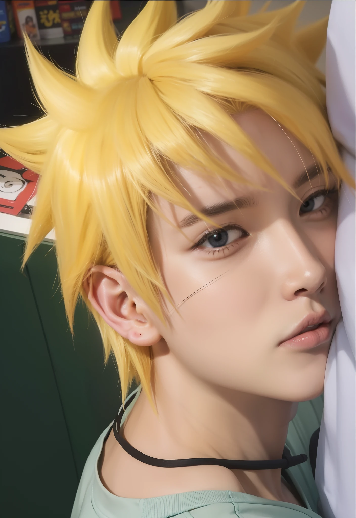 このキャラクターの実写化,彼の名前はアニメNARUTOのうずまきナルトです,韓国の十代のハンサムな顔,(眠そうな表情),リアルな黄色の乱雑な髪 ,リアルな光,リアルな影,超リアル,リアリズム,(写実的な:1.2)
