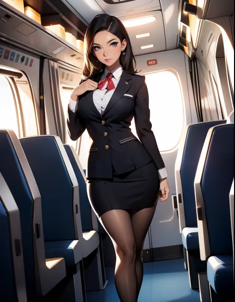 Stewardess，Wear flight attendant clothes，A beautiful full body girl，with fair skin，cabelos preto e longos，24 years of age，busty ...