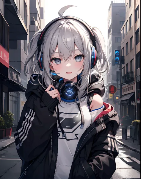masterpiece,1girl, happy face, long messy grey hair, futuristic glowing headphone, solo, hoodie, off shoulder, street, black cool jacket