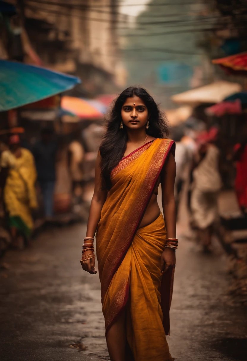 A woman in a sari walking down a street in india - SeaArt AI