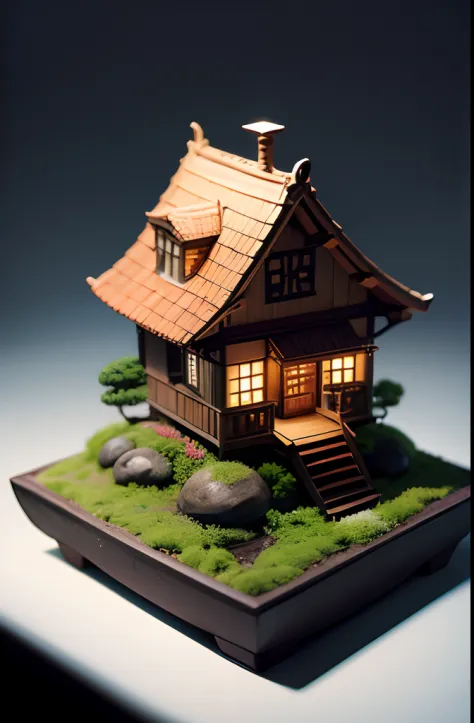（Pixar style),Realistic bonsai and miniature treehouse, bonsai tree house、Miniature Figure Models, Right-to-left light source, Rambrandt Lighting, Right-to-left light source, (Isometric view), (top down), Realistic scale, Post-processing, ((Orthogonal pers...