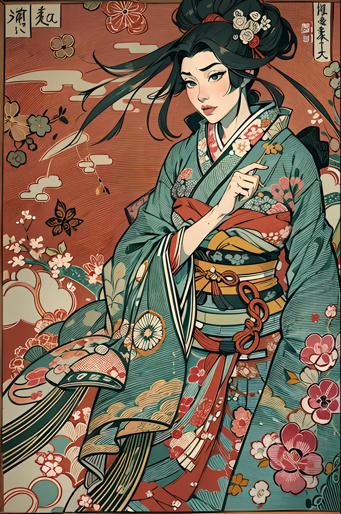 ((NSFW)),Sharaku,여자의 초상화,이미지 중앙에 위치합니다, 사진 전체에 일본식 효과와 장식이 흩어져 있습니다.