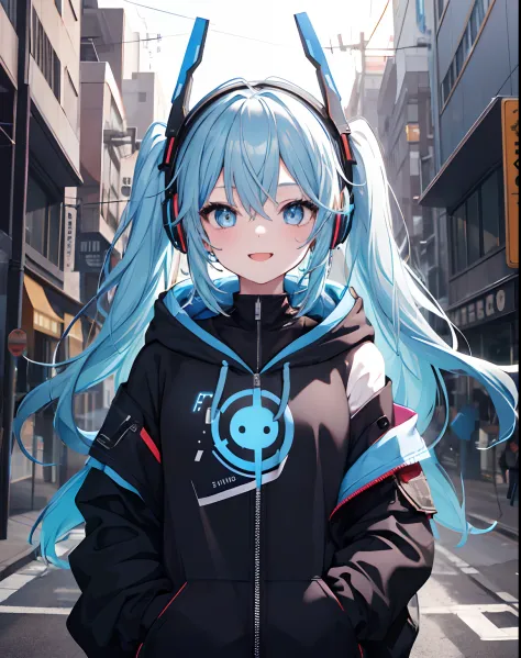 masterpiece,1girl, happy face, long messy blue hair, futuristic glowing headphone, solo, hoodie, off shoulder, street, black cool jacket