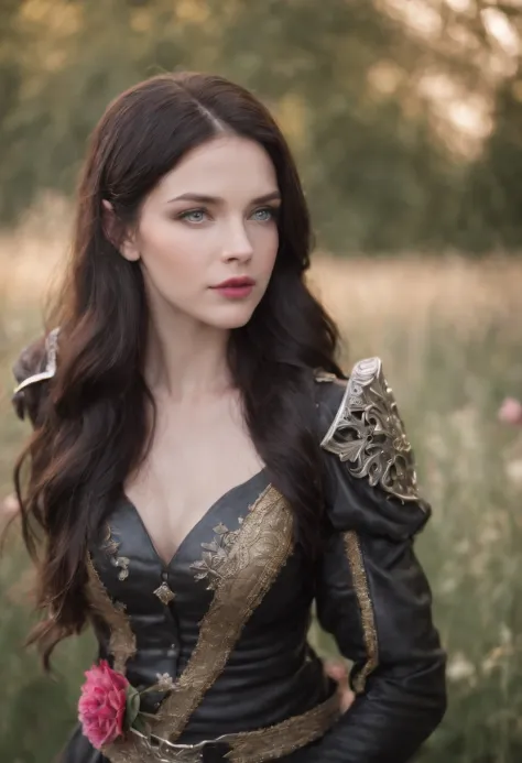 woman around 19 years old, woman with slightly pale skin, beautiful, light electric blue eyes, pink lips, long and slightly wavy black hair, loose black hair, dark hair, gray leather armor, stars coming out of the palm of the hand, field background flowery...