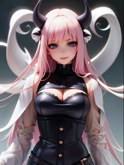 highres, ultra detailed, (1 young beautiful girl, solo:1.1),gothic style, white clothing, white lace, corsets, velvet, chokers, dramatic makeup, brooding accessories, mysterious aura, devil horn, pink hair, large breasts, (seductive smile), devil wing