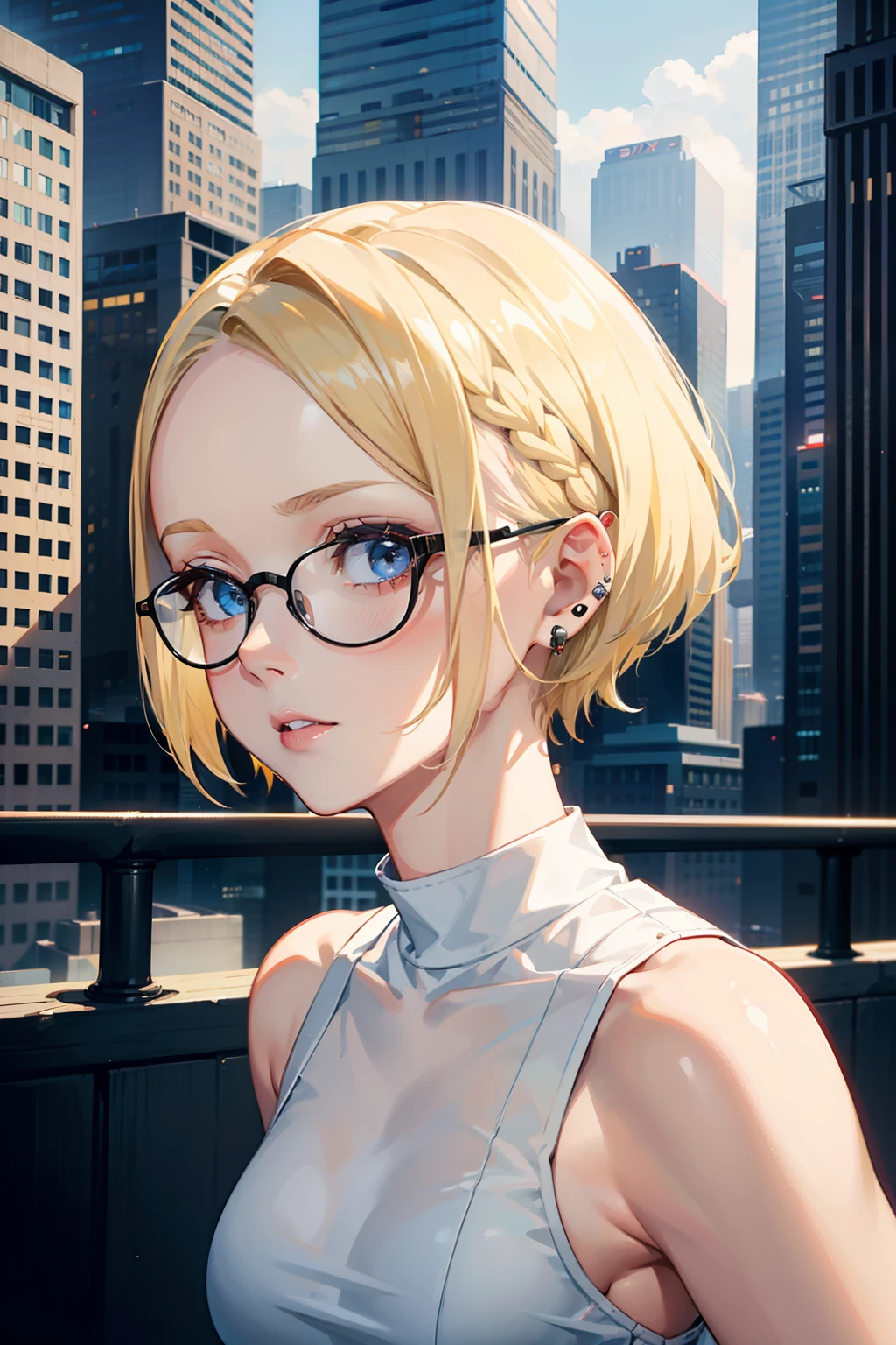 Anime girl with glasses and a blue dress standing on a balcony - SeaArt AI