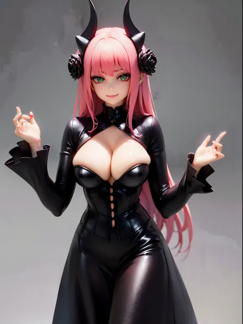 highres, ultra detailed, (1 young beautiful girl, solo:1.1),gothic style, dark clothing, black lace, corsets, velvet, chokers, dramatic makeup, brooding accessories, mysterious aura, devil horn, pink hair, large breasts, (seductive smile), devil wing