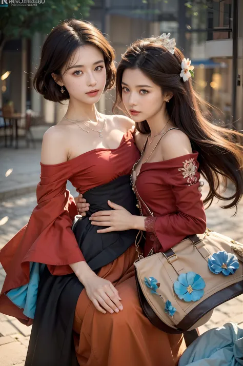 primitive,, (((Two girls,duo,caressing the))),Nikon Z 85mm, award-winning glamorous photography,((Best quality)), ((Masterpiece)), ((Realistic)), 18th century, Vintage image, Beautiful French woman wears, Lace dress, Wearing a crown, 25 years, (Long brown ...