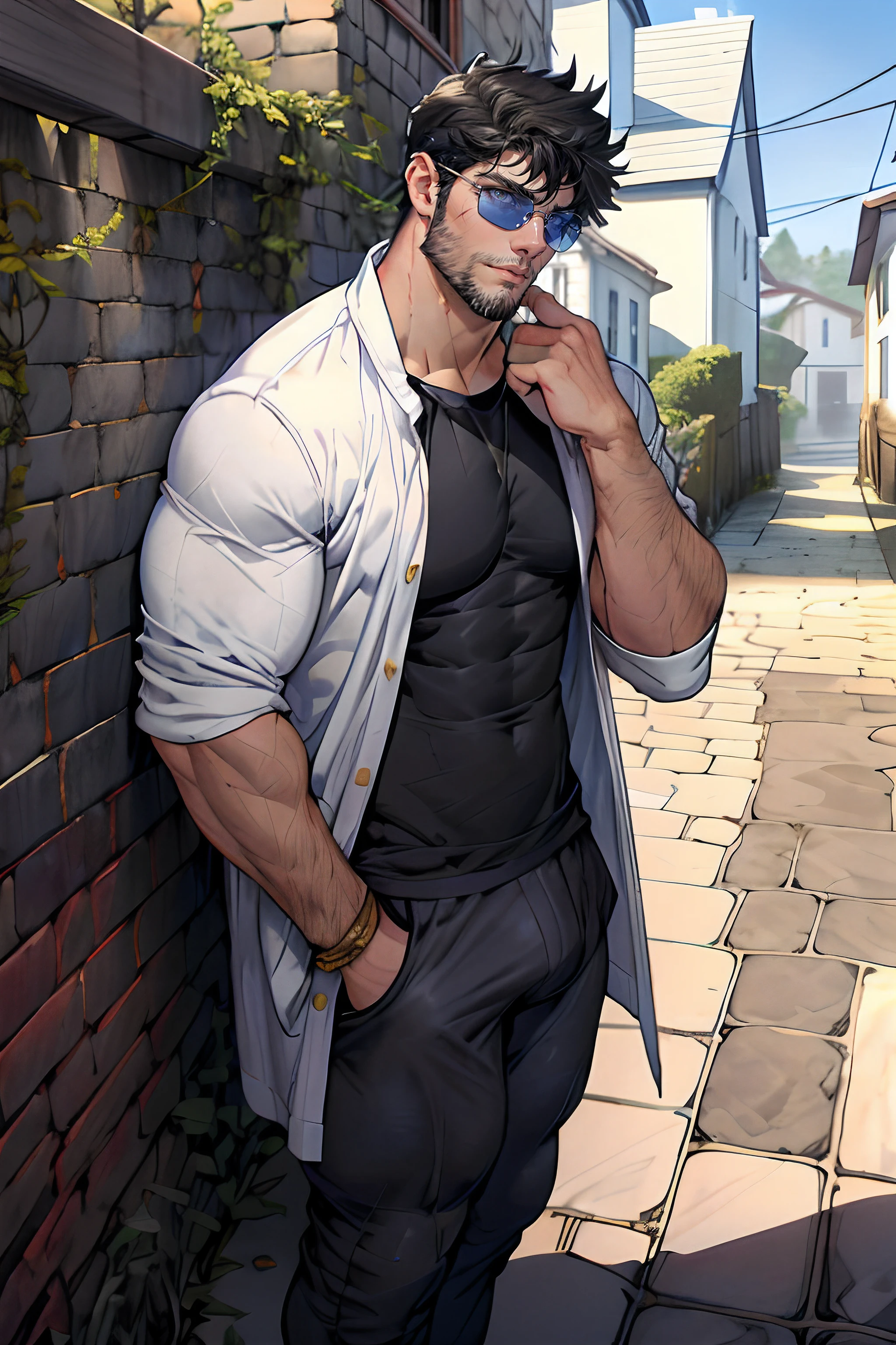 Anime character with a cigarette in his mouth standing on a sidewalk -  SeaArt AI