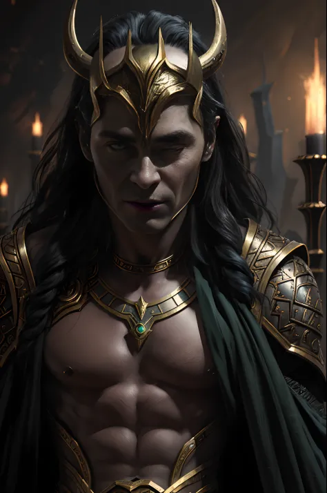 Loki God, Photorealistic, Dark Background, Oil Painting By Greg Rutkowski, Unreal Engine, Intricate, 8k, Epic Composition