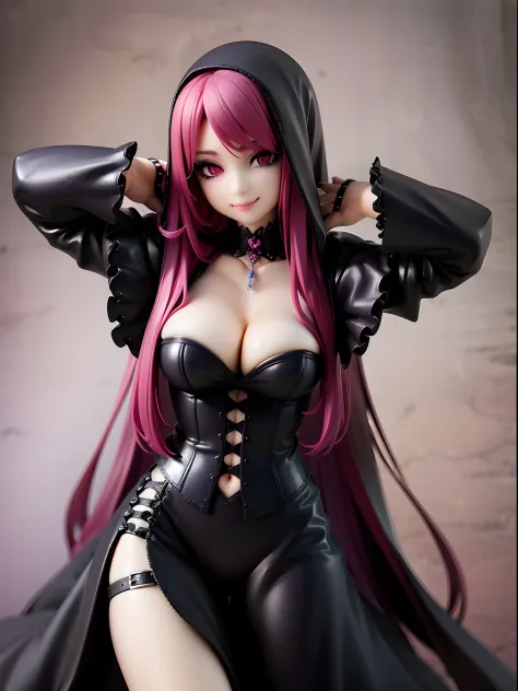 hight resolution, ultra-detailliert, (1 young Beautiful girl, Solo:1.1),gothic styles, Dark clothing, Black lace, corsets, velvet, a choker, Dramatic makeup, Dismal accessories, Mysterious aura, devil horn, Pink hair, Large breasts, (Seductive smile), Devi...