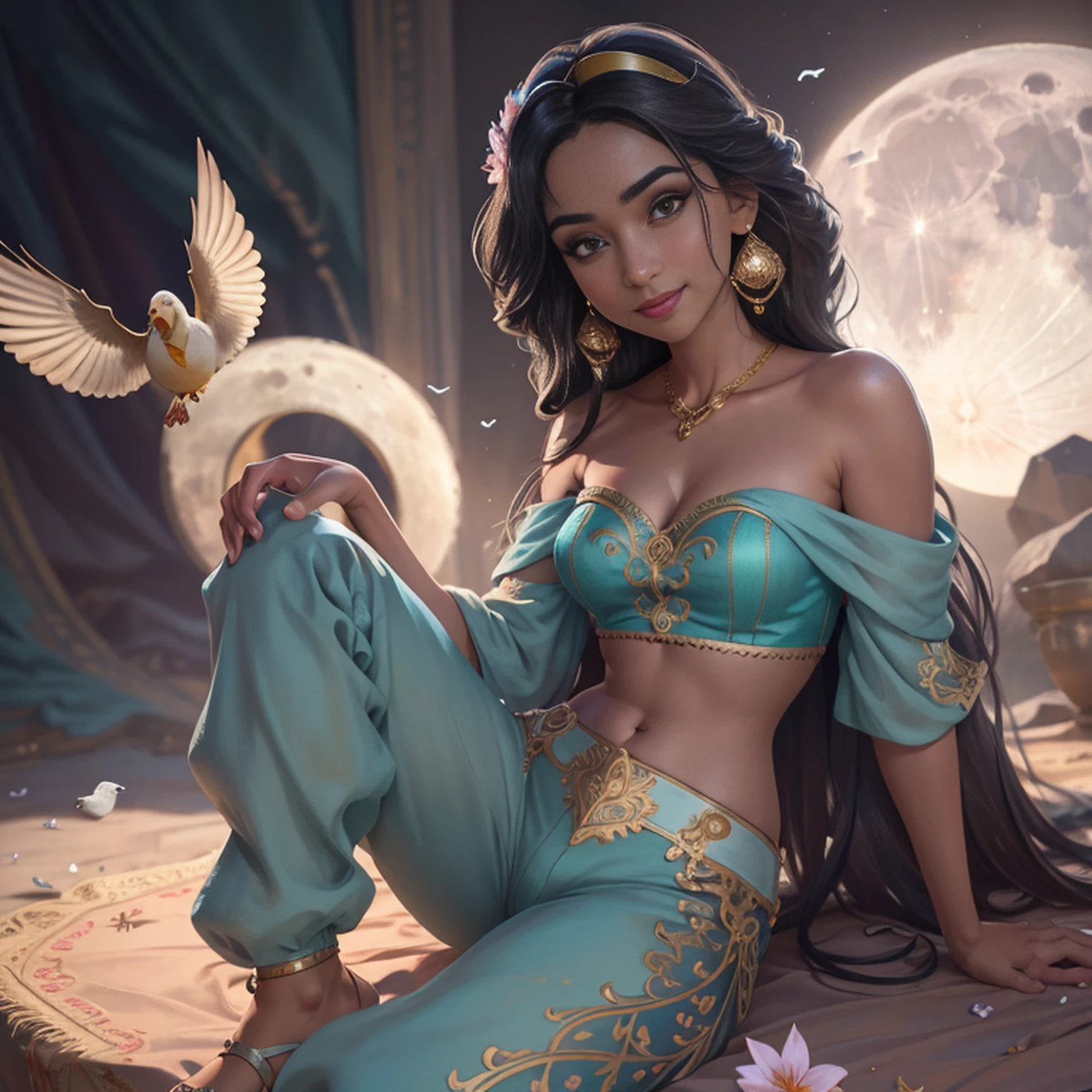 jasmine  1girl, solo, looking at viewer, smile, shirt, bare shoulders, jewelry, sitting, full body, flower, earrings, pants, off shoulder, crop top, makeup, bird, border, moon, full moon, off-shoulder shirt (realistic:1.2), (realism), (masterpiece:1.2), (best quality), (ultra detailed), (8k, 4k, intricate),(full-body-shot:1), (85mm),light particles, lighting, (highly detailed:1.2),(detailed face:1.2), (gradients), sfw, colorful,(detailed eyes:1.2)(detailed background),detailed landscape, (dynamic angle:1.2), (dynamic pose:1.2), (rule of third_composition:1.3), (Line of action:1.2)