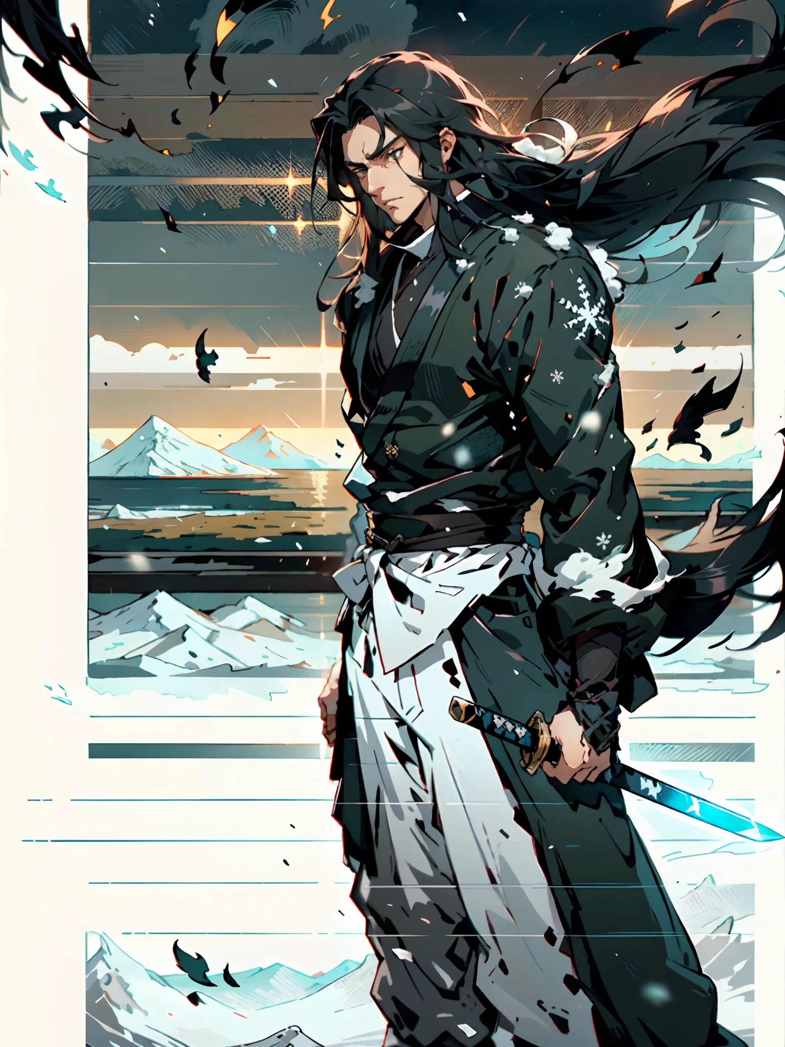 A young man with long hair, half-black and half-white long hair, hlfcol haired, black and white hair, sharp eyes, a confident expression, a heroic countenance, he wears a flowing two-piece martial arts-style robe, matching loose trousers, holding a slender sword in his left hand, the night sky, standing amidst a snowy mountain landscape, snowflakes falling all around, this character embodies a finely crafted Chinese swordsman design in anime style, characterized by a sophisticated and mature manga illustration art style, high definition, best quality, highres, ultra-detailed, ultra-fine painting, extremely delicate, professional, anatomically correct, symmetrical face, extremely detailed eyes and face, high quality eyes, creativity, RAW photo, UHD, 8k, Natural light, cinematic lighting, masterpiece:1.5