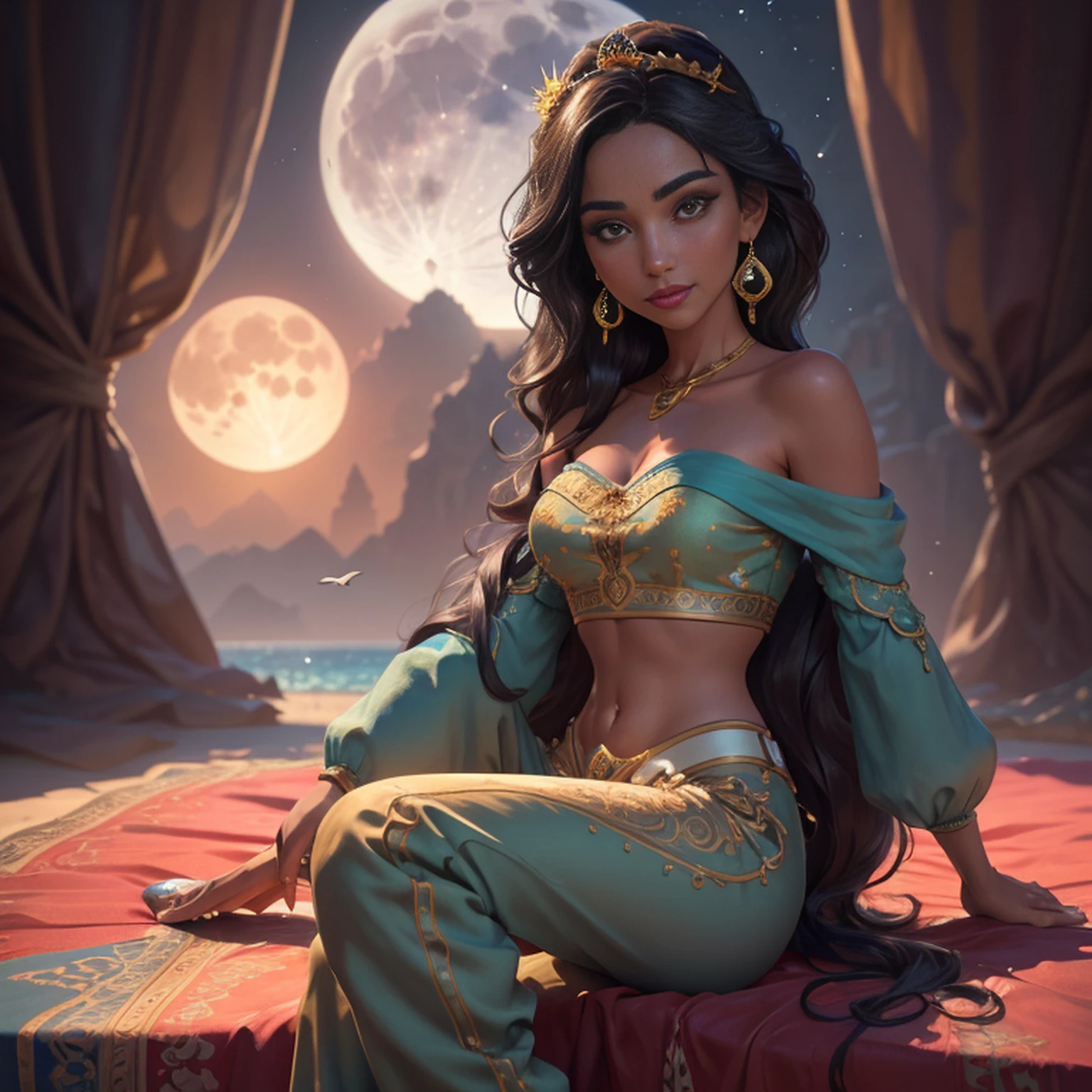 jasmine  1girl, solo, looking at viewer, smile, shirt, bare shoulders, jewelry, sitting, full body, flower, earrings, pants, off shoulder, crop top, makeup, bird, border, moon, full moon, off-shoulder shirt (realistic:1.2), (realism), (masterpiece:1.2), (best quality), (ultra detailed), (8k, 4k, intricate),(full-body-shot:1), (85mm),light particles, lighting, (highly detailed:1.2),(detailed face:1.2), (gradients), sfw, colorful,(detailed eyes:1.2)(detailed background),detailed landscape, (dynamic angle:1.2), (dynamic pose:1.2), (rule of third_composition:1.3), (Line of action:1.2)