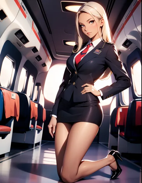 stewardess，Wear a flight attendant suit，A beautiful full body girl，with fair skin，cabelos preto e longos，24 years of age，busty figure，Short clothes，short  skirt，Super sexy scene，facial closeups，perfect hands, perfect eyes, kneeling