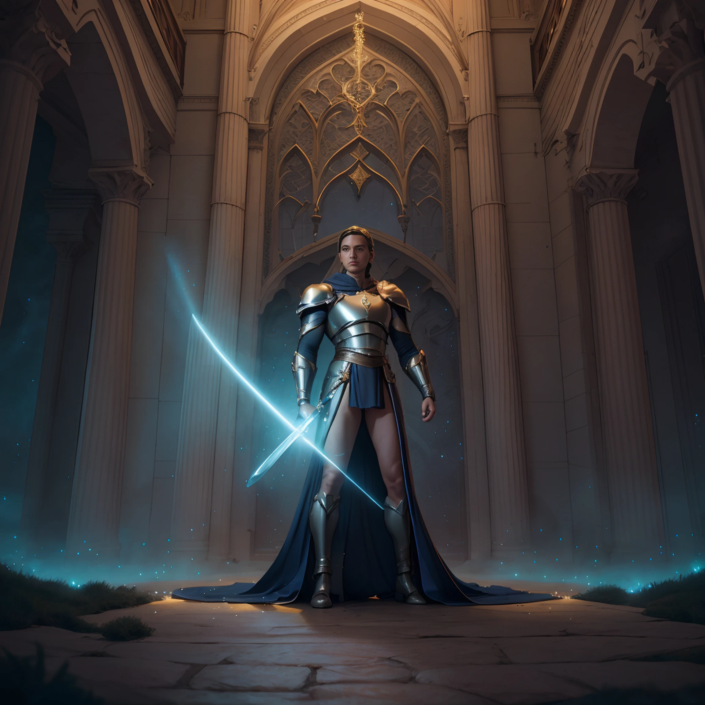 "An imposing paladin wielding a sword imbued with radiant light, emanando magia de luz potente. A cena se passa em uma paisagem urbana sombria e misteriosa, Iluminado pelo brilho da espada do paladino. The composition is expertly crafted, with breathtaking attention to detail and cinematic lighting. The overall aesthetic is reminiscent of Fujifilm photography, capturando a beleza e a profundidade da cena."