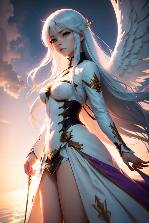 Anime - Style illustration of a woman with white hair and angel wings, Deidad de pelo blanco, of beautiful angel, full - body ma...