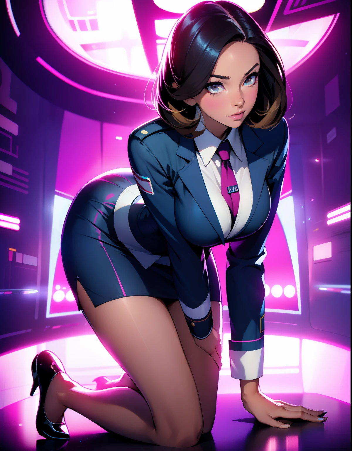 stewardess，Wear a flight attendant suit，A beautiful full body girl，with fair skin，cabelos preto e longos，24 years of age，busty figure，Short clothes，short  skirt，Super sexy scene，synthwave neon color uniform, tight uniform, facial closeups，perfect hands, perfect eyes, kneeling