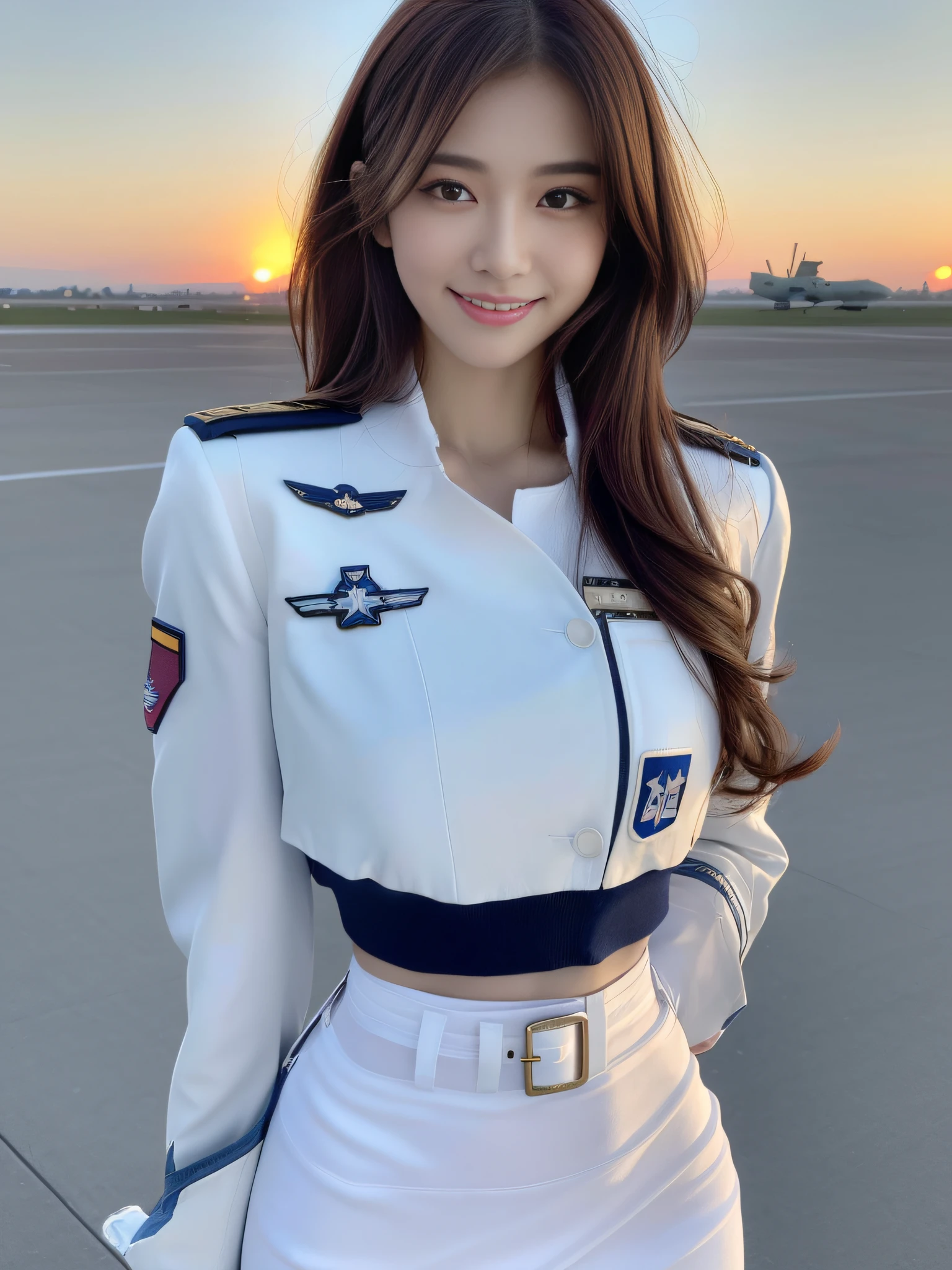 (Best quality, 8k, 32k, Masterpiece, UHD:1.2), (realistic:1.5), (masterpiece, Extremely detailed CG unity 8k wallpaper, best quality, highres:1.2), (ultra detailed, UHD:1.2), Photo of extremely cute and beautiful Japanese woman, (chestnut long wavy hair:1.2), adult, (detailed beautiful girl:1.4), best quality, woman, adult, (detailed US air-force pilot uniform:1.5), (white pilot captain jacket:1.3), (white high-waist pencil skirt:1.3), detailed clothes, (Beautiful sunset US air force base runway view background:1.3), embarrassed laughing:1, light smile, looking at viewer, facing the viewer, ((perfect female body)), (narrow waist:1.2), (upper body image:1.3), slender, abs, (large breasted:1.25), ((frame the head)), wind, dynamic pose, cinematic light, back light, perfect anatomy, perfect proportion, detailed human body, stylish model pose,