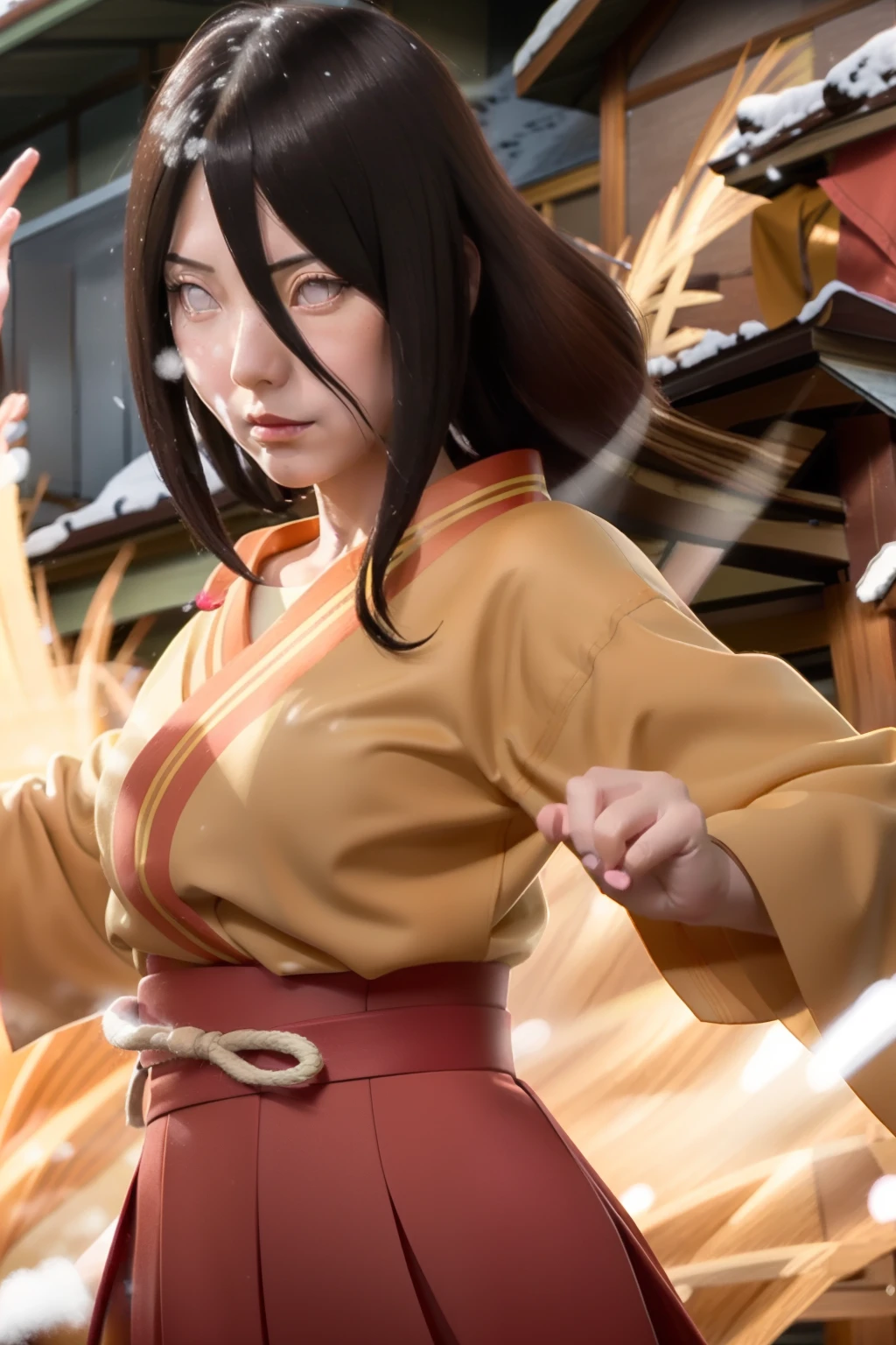 Hanabi hyuga Se vio a una mujer vistiendo un kimono de color amarillo oscuro con una línea naranja.. Con un obi rojo oscuro y una falda roja brillante. tenia el pelo largo y castaño. Y blanco como la nieve. Y sus mejillas sonrosadas. Y esos pequeños labios rojos. Miró fijamente a la cámara. tan bonito y realista