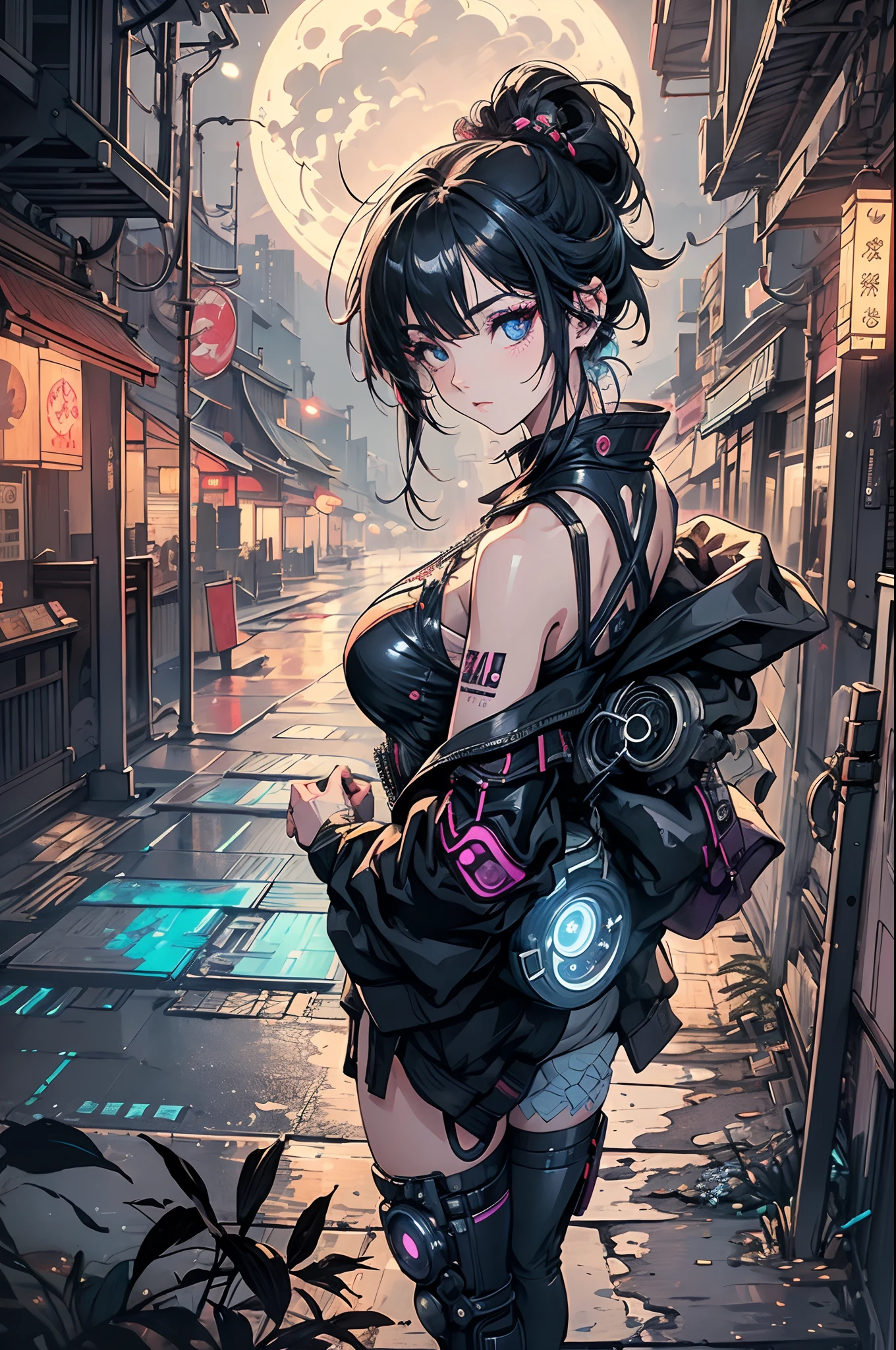 1garçon, seulement, fille, tenue futuriste en gros plan, samouraï néon, very cute samouraï cyberpunk, samouraï cyberpunk, style de lame fantôme, le cyberpunk a vaincu le style ngai, néon cyberpunk style, cyberpunc, néon cyberpunk, technomancien, personnage de jeu vidéo, image synthwave, cyberpunk, concept art neon luminosité, lune, lampe de poche, nuit, seulement, Extérieur, ciel, full lune, pluie, montagne, nuage, lanterne de papier, nuit ciel,  la frange, arbre, réflexion, overcast ciel, {{(chef-d&#39;œuvre),(fond d&#39;écran 8k d&#39;unité CG extrêmement détaillé), muscles définis, viril, meilleure qualité,seulement,éclairage cinématographique,contexte détaillé,beautiful Yeux détaillés,Des élèves brillants,(un extrêmement délicat et beau),(Description des yeux belle et détaillée),Ultra-détaillé,chef-d&#39;œuvre,}}, Yeux détaillés, Beaux yeux, Yeux réalistes, Beaux yeux, yeux parfaits, vision arrière, (Rayons anamorphiques, pluie),  luminosité, profondeur de champ