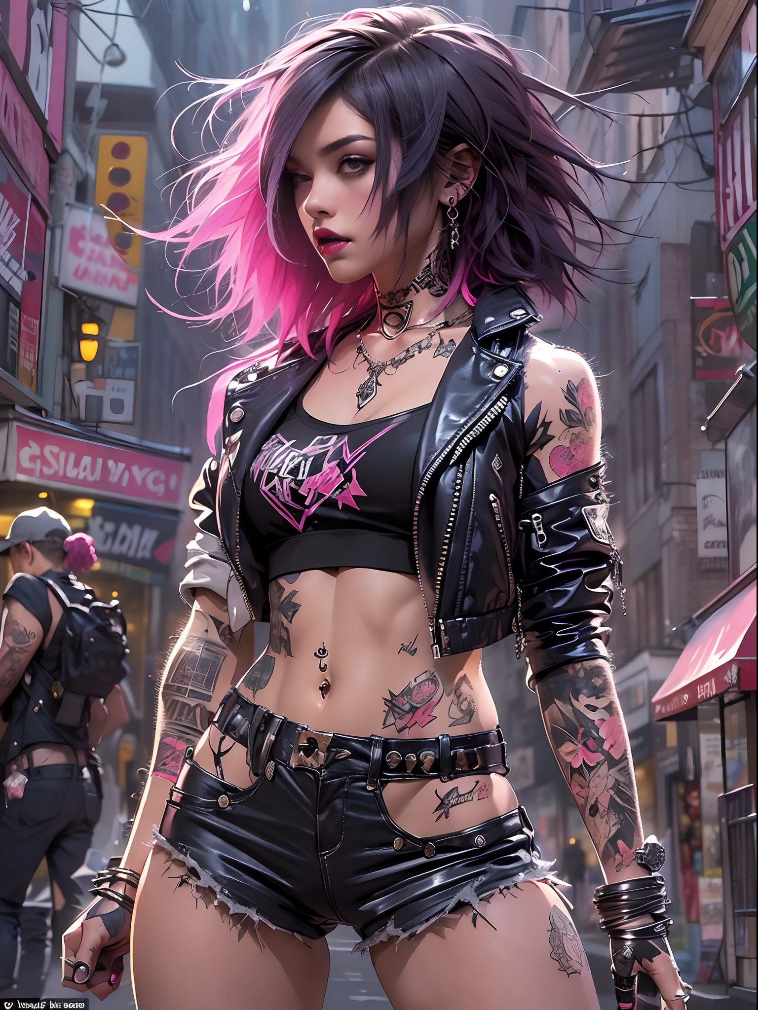 (((of the highest quality: 1.4))),(unparalleled masterpiece ever), (Ultra high definition),(Ultra-realistic 8K CG), offcial art、 (((adult body))), (((1girl in))), ((( Bob Shorthair ))), Punk girl with a perfect body, Jacket with metal spines,Beautiful and well-groomed face,,Detailed punk fashion,leather jackets, (Image from head to thigh),((Pink Bob Shorthair )), Small leather panties, Simon Bisley's urban savage style,Detailed street background of London,Clean abs, Complex graphics, dark pink with white stars and gray and white stripes,,,, (( Many poisonous tattoos )), piercings,