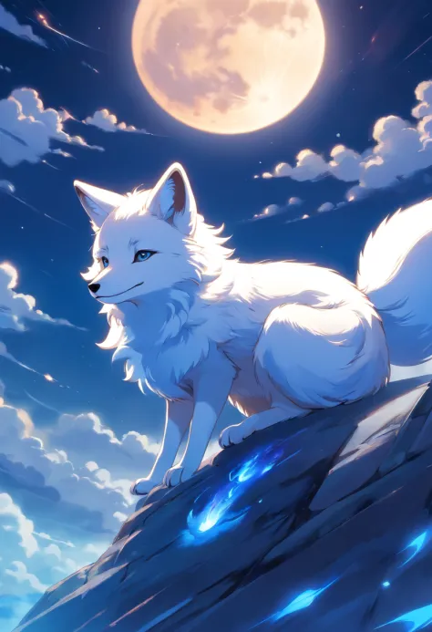 best quality, 8k, a white fox with blue flames on parts of its body lying on a moon, clouds scene