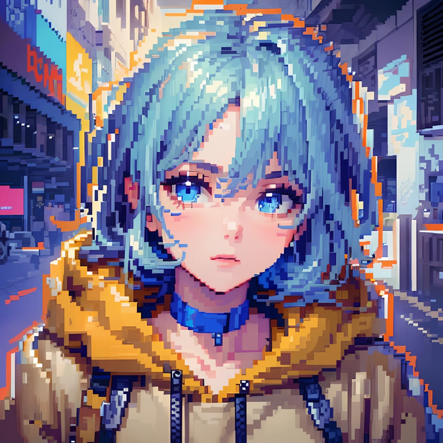 ((The style of pixel art)), pix, 4-bit pixel art, 1 Boys close, Face only, Beige hair, blue hairs, Blue eyes,  choker necklace,Loose hoodie,Black hoodie， Pixel official art, absurd res, view the viewer, solofocus, Dynamic Angle, Head tilt, , Ultra-fine pixel art