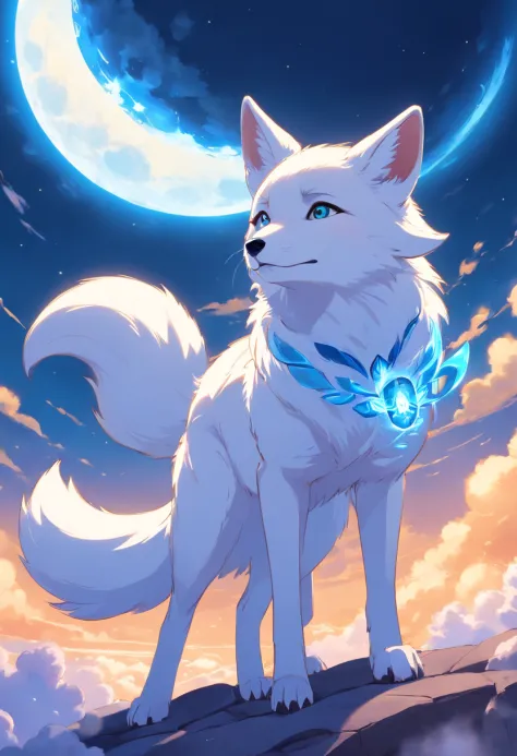 best quality, 8k, a  mythical white fox with blue flames on parts of its body lying on a moon, clouds scene, pc wallpaper,