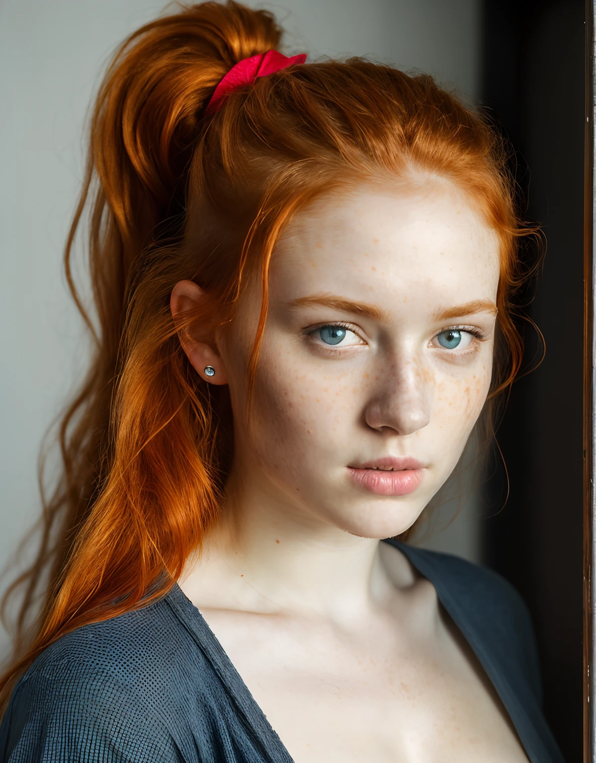 A close up of a woman with red hair and a blue shirt - SeaArt AI