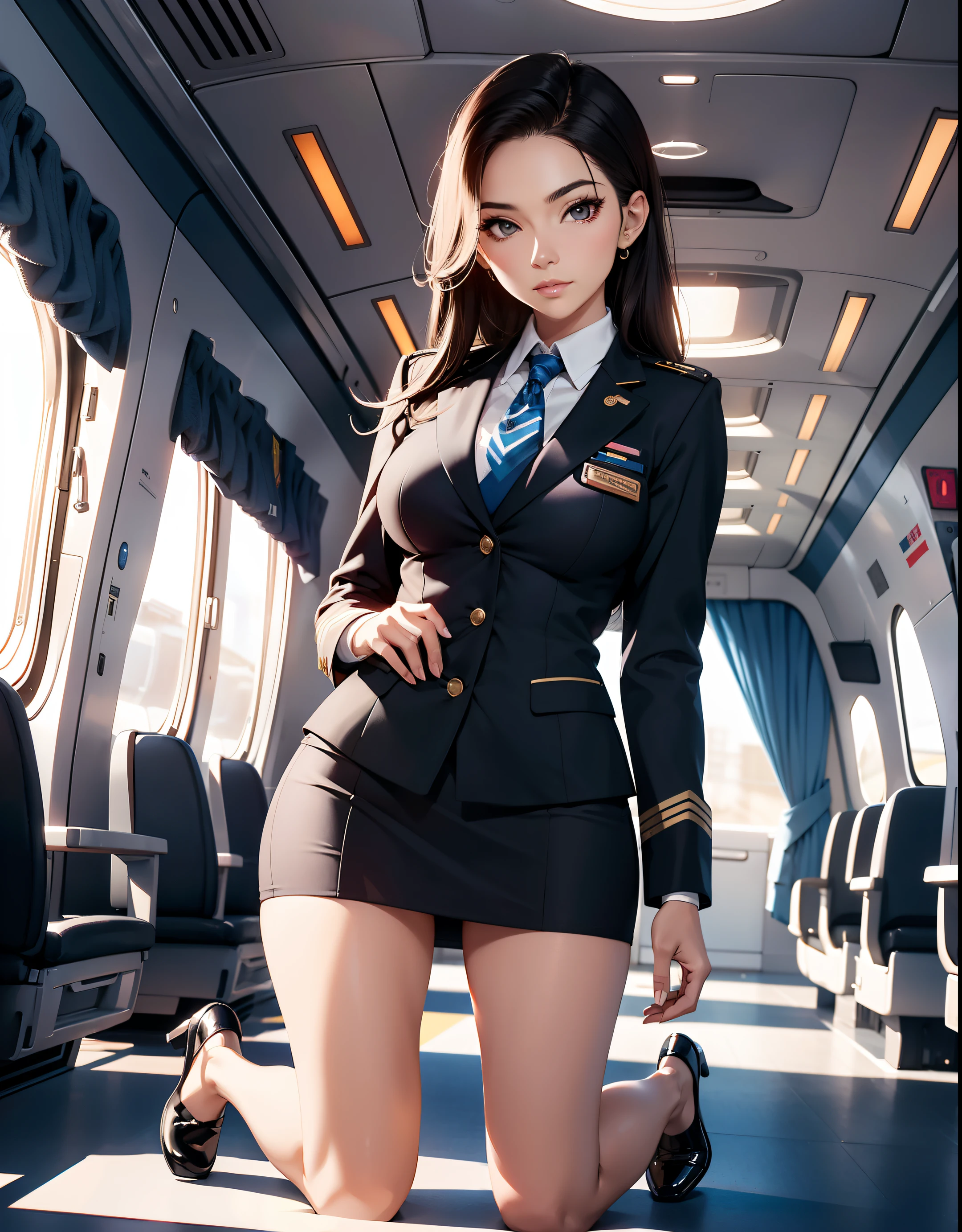 stewardess，Wear a flight attendant suit，A beautiful full body girl，with fair skin，cabelos preto e longos，24 years of age，busty figure，Short clothes，short  skirt，Super sexy scene，facial closeups，perfect hands, perfect eyes, kneeling