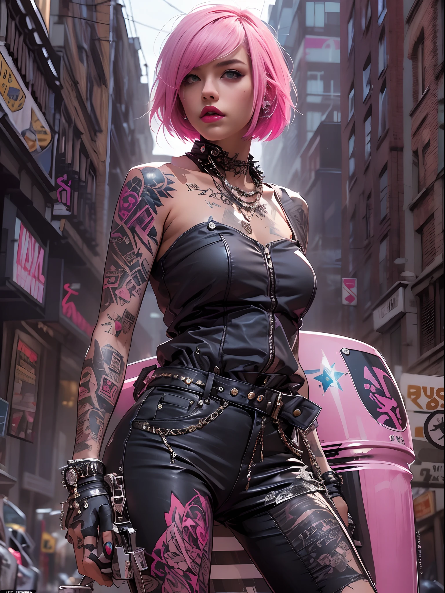 (((of the highest quality: 1.4))),(unparalleled masterpiece ever), (Ultra high definition),(Ultra-realistic 8K CG), offcial art、 (((adult body))), (((1girl in))), ((( Bob Shorthair ))), Punk girl with a perfect body, Jacket with metal spines,Beautiful and well-groomed face,Fancy makeup,Detailed punk fashion,leather jackets, (Image from head to thigh),((Pink Bob Shorthair )), Small leather panties, Simon Bisley's urban savage style,Detailed street background of London,Clean abs, Complex graphics, dark pink with white stars and gray and white stripes,、 (( Many poisonous tattoos )), piercings,