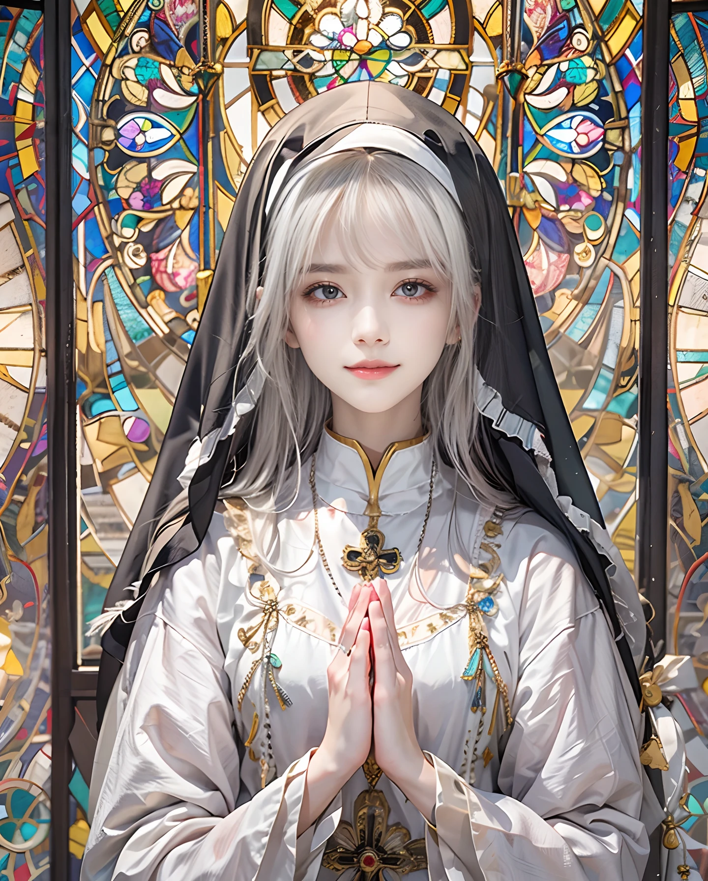 masutepiece、hight resolution、Nun costume、２５Old Female、１girl with、Look at the viewer、smil、Okappa、The background is a monastery、Beautiful stained glass、the skin is white and transparent、Beautiful nun praying to God、Angel Smile、the skin is white and transparent、legs are thin and beautiful,high-heels、No plaque required、Feathers are not needed、