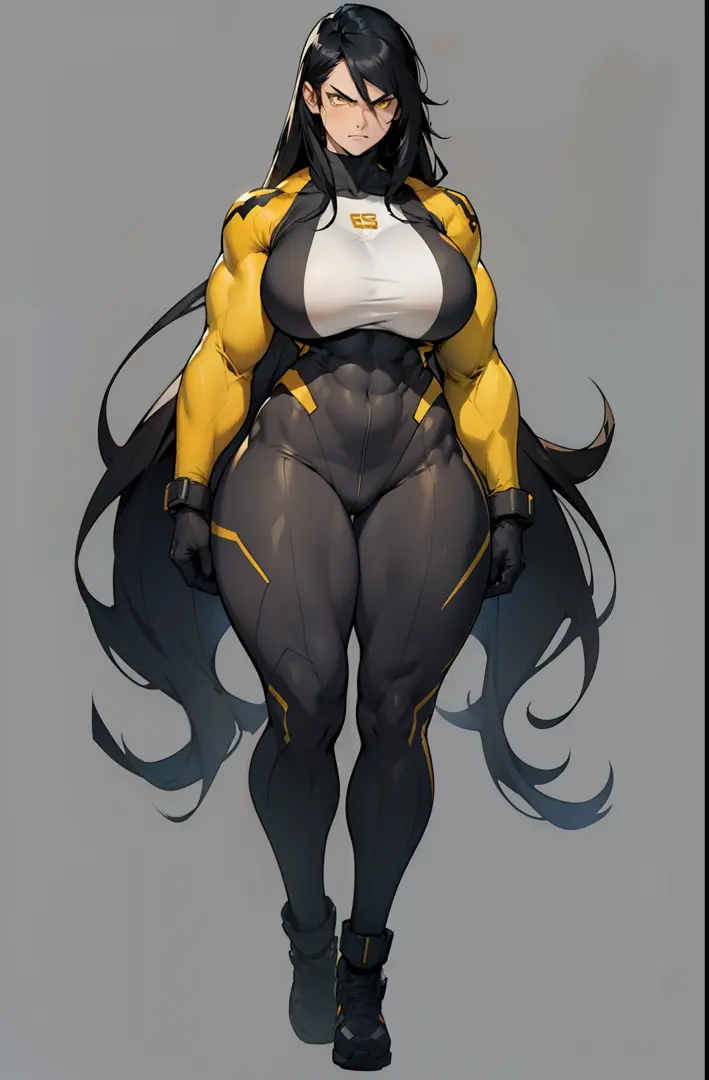disgust (muscular) breasts huge thighs pale skin black hair yellow eyes  girl - SeaArt AI