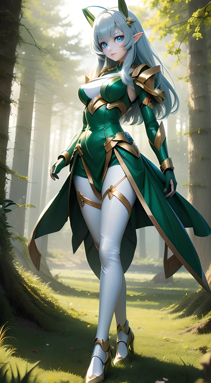 verde,Gundam girl elf, hermosos ojos claros y brillantes, cuerpo completo, fondo del bosque, ballesta,sexy