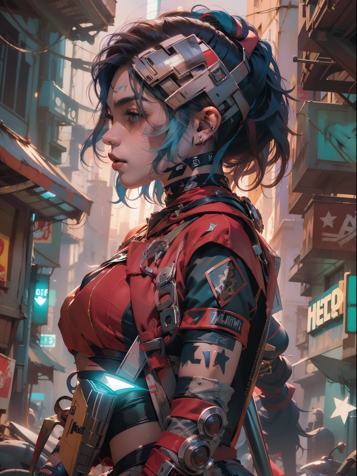 (((امرأة))), (((جودة أفضل))), (((العمل الخام))), (((بالغ))), (((1فتاة))), ((( قصة شعر بوب ))), Uma gladiadora cyberpunk امرأة de 25 anos com corpo perfeito, منصات الكتف مع أشواك معدنية, مصارعو بروكلين, (( قصة شعر بوب )), سراويل جلدية صغيرة, تي شيرت ممزق لوقت الرجبي, شبه عارٍ بأسلوب سيمون بيسلي الحضري الجامح على غلاف مجلة هيفي ميتال, شعر اشقر قصير, الحد الأدنى من الملابس, حماية معدنية على الذراع الأيسر برسومات معقدة, أحمر داكن مع نجوم بيضاء ونمط مخطط باللونين الأزرق والأبيض, درع, مليئة بالمسامير والمسامير, الوشم السام (((من الركبة إلى أعلى))), شعر أشقر أبيض قصير, في الخلفية جدار رسمه شيبرد فيري بتصميم معقد من النيون السايبربانك