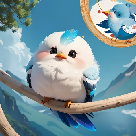 ((4K,Masterpiece,Best quality)), shuimobysim, Traditional Chinese painting, A cartoon cute bird，Big head and small body，Fat Chubby，Like a ball of hair，Blue-cyan feathers，There are colorful feathers on the top of the head，beak，Happy expression