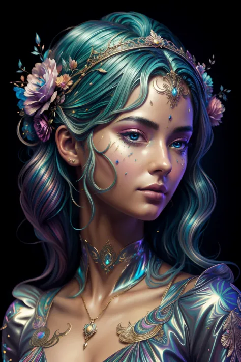 Pintura digital de uma jovem mulher usando um cocar florido ,Arte Alberto Severo, Respingos e gotas congelados multicoloridos, D...