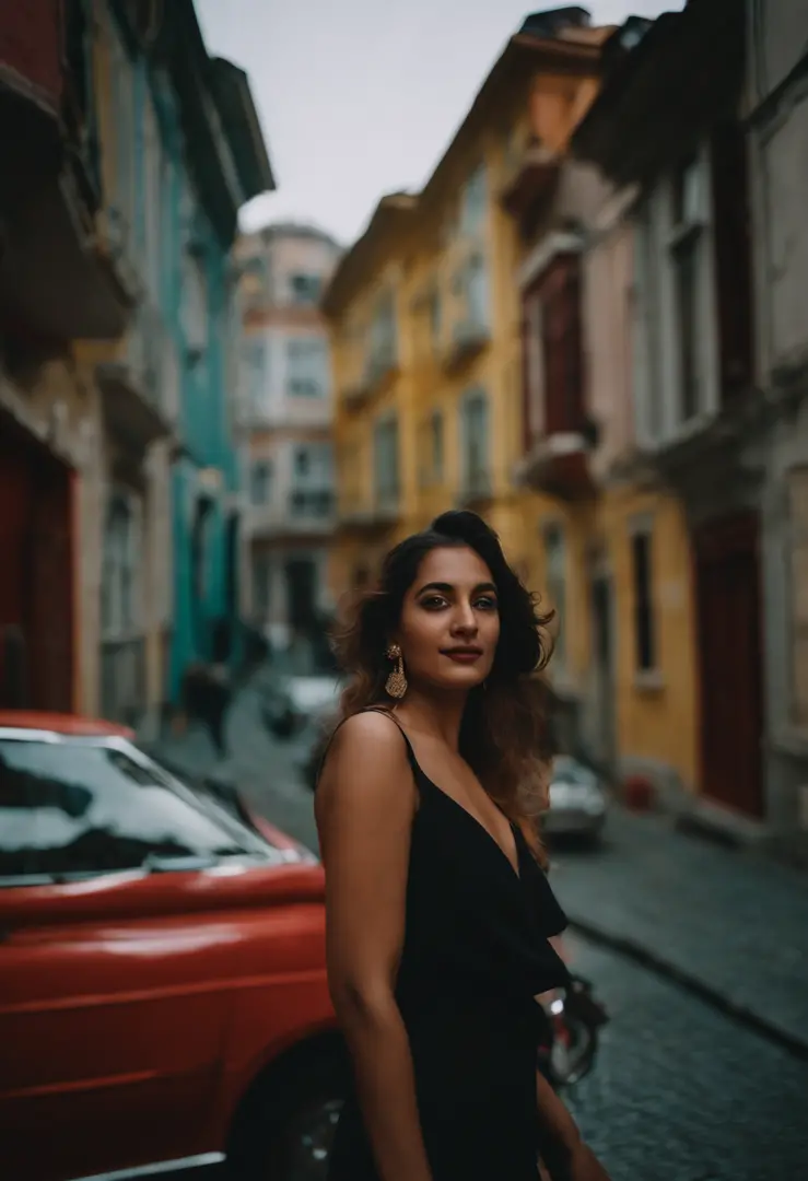 travellers, in the style of rap aesthetics, girl, Istanbul, Turkey, make for a memorable photo, The background is colourful houses in the Beyoğlu neighborhood ，photo taken with fujifilm superia, charly amani, oversized portraits, babycore, upper body
