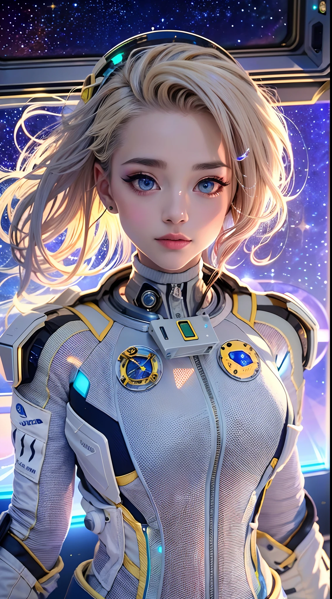 （tmasterpiece：1.2），best qualtiy，In space，（nigh sky，medium lenght hair：1.2），（illustratio：1.2），lindo cenario，dreads，（Elaborate luminescence，lens flare glow），（Hyper-detailing），Hyper-detailing，（exquisitedetails），（complexdetailovie light，Best quality backlight），Clear lines，New world，peeping at the viewer，Solo Woman，（Space Girl，the space），Oriental women，The girl looks like a Chinese movie star，Solo Woman，Perfect body，Beautiful 16 year old girl，（1girll），（Bright bioluminescent hair，bright glowing eyes），（Galaxies，Alien planet），（Astronaut wearing sexy futuristic style white fitted spacesuit：1.1），The material of the spacesuit is light and thin，Latex tight spacesuit，The chest of the spacesuit shows the starry sky，Slightly closed eyes，（cyber punk perssonage），（dyna：1.3），（putting makeup on）），hight contrast，（The best lighting，Extremely refined and beautiful），（（Movie Moonlight）），Extremely colorful，（（Photoshop Pastel Painting：1.1）），aethereal，（Movie Masterpiece），suspense，Funk，（Starscream），splash of color，absolutly eye-catching，（（Caustics）），dynamic angle，big breasts beautiful（detailed glow），（spine-chilling），（Intricate movie scenes behind it：1.2），Environmental occlusion， （Ambient moonshine）， ray-traced reflection， intricately detailed visible background ， （Glowing spacesuit）， terroral， （Bioluminescent vegetation：1.2）， terroral， uneasy， A futuristic， terroral， （Hologram heads-up display）， （Delicate Great Comet）