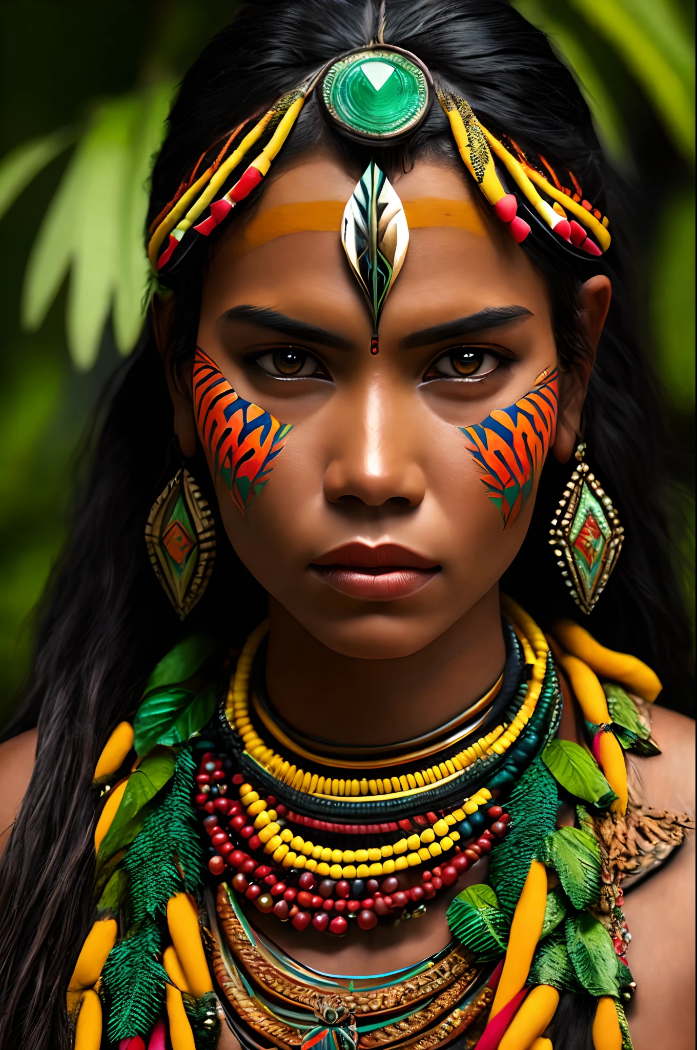 Uma fofa amazonian nukak tribal girl rogue face concept art, tribal face paint, floresta tropical 4k