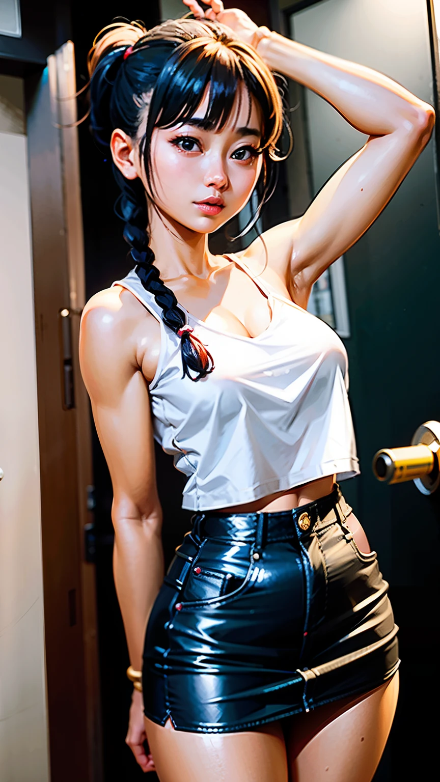 Arafe woman in white shirt and super mini skirt Japan, 8K selfie photo, girl cute-fine-face, tri braids、Gorgeous young Korean woman,White pantyｄ６７ poneyTail、toppless、Sexy ass、Beautiful、no glasses、Beautiful lower body、Miharu-chan, cute - fine - face, Beautuful Women, 奈良美智, Hot with shining sun, beautiful young woman with,