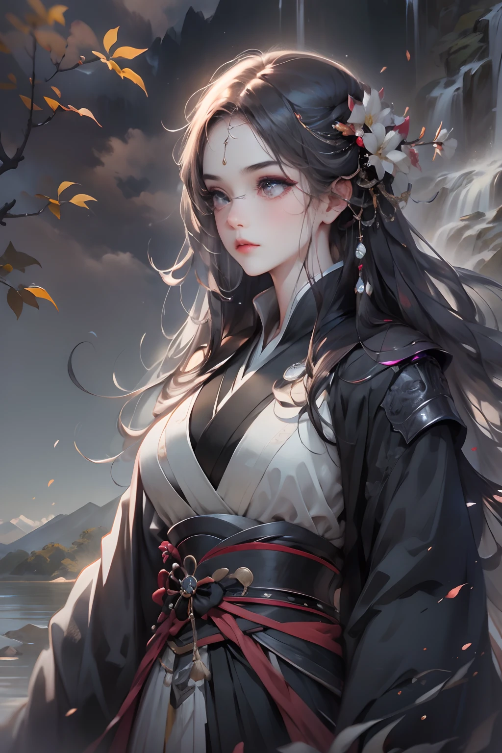 one-girl，cabelos preto e longos，little breast，（Antique Hanfu：1.5），silver accessories，Shoulders exposed，standing on a hill，Sword in hand，knight-errant，（Bright color combination：1.2）Facing the mountains and flowing water、waterfallr，Rainy sky，（Wallpapers），tmasterpiece，Detailed characters，super detailing，art illustration，A high resolution，16:9 wide，