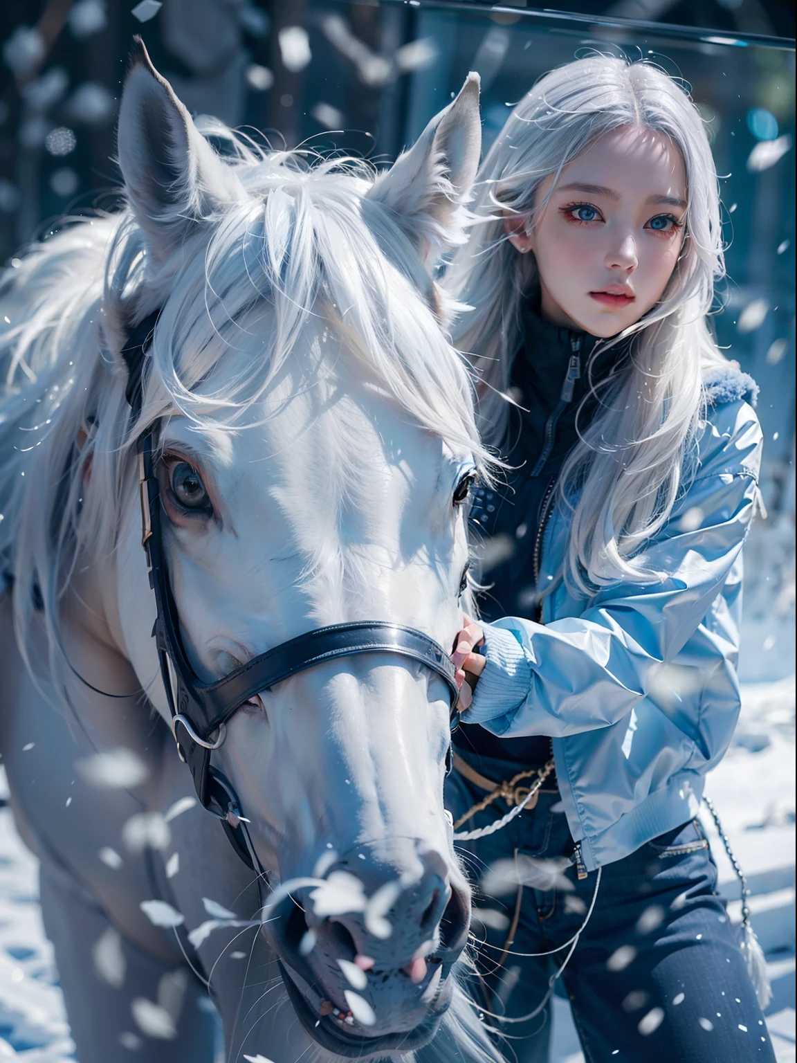 lindo, mulher jovem, na área de cristal e gelo, neve esvoaçante, passeios a cavalo, uma hora branca, cabelo gradiente, cabelo branco, cabelo azul, cabelo longo, reflexo do olho, desdém, rastreamento de raios, luz de reflexão, embaçado, luz brilhante, profundidade de campo, claro-escuro, estereograma, Camada de zoom, tiro de vaqueiro, f/2.8, bokeh, Obra de arte, melhor qualidade, alta qualidade, alta definição