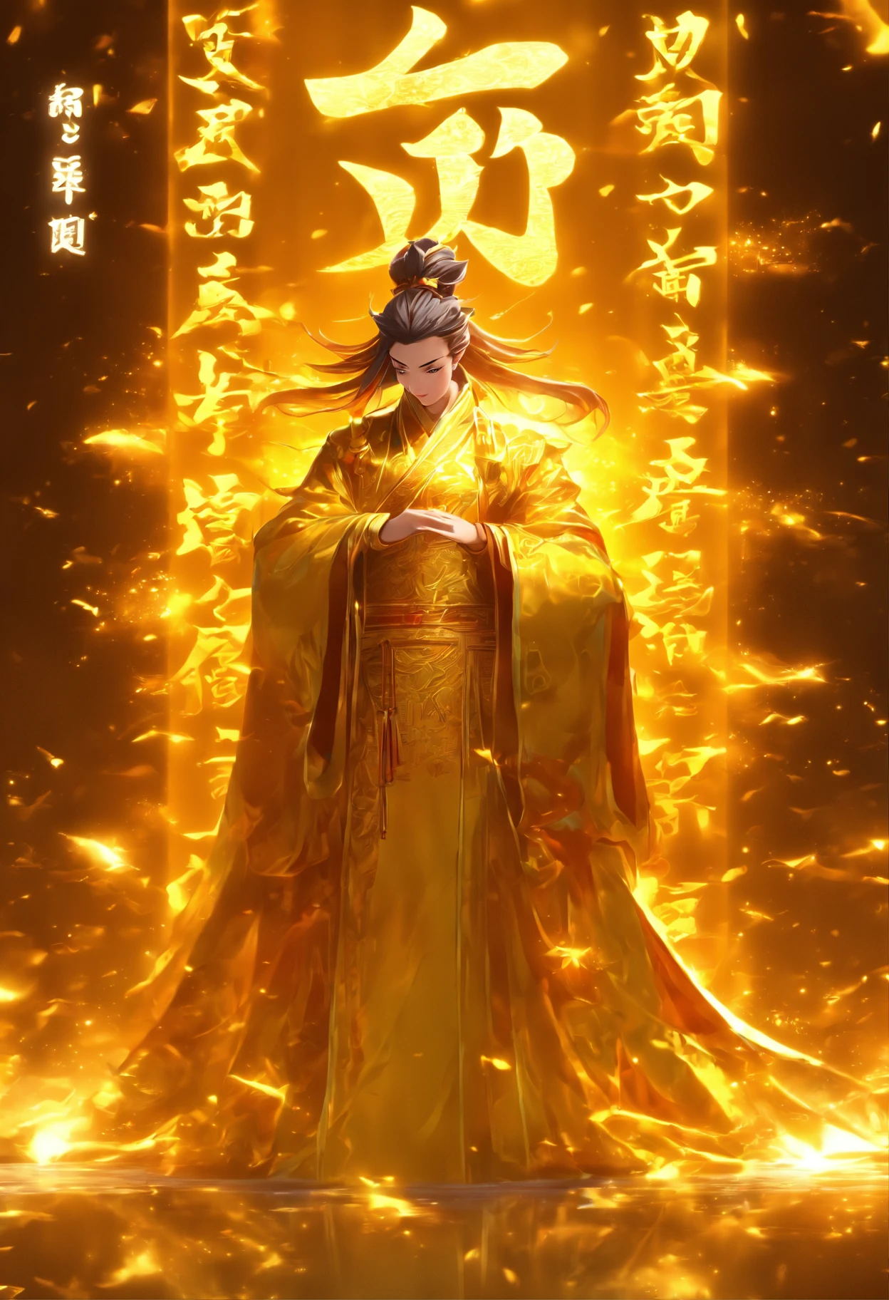 An ancient Chinese scholar，Holding a golden brush，Writing is in full swing，(Transparent glowing golden Chinese characters hovered in midair:2)，Vertical text，glittery，Scholar in blue robes，Long flowing hair flutters in the wind，16k, hyper HD, high resolution, Very detailed, Best image quality,dynamicposes，(20 columns of Chinese characters:2)，arranged in an orderly fashion