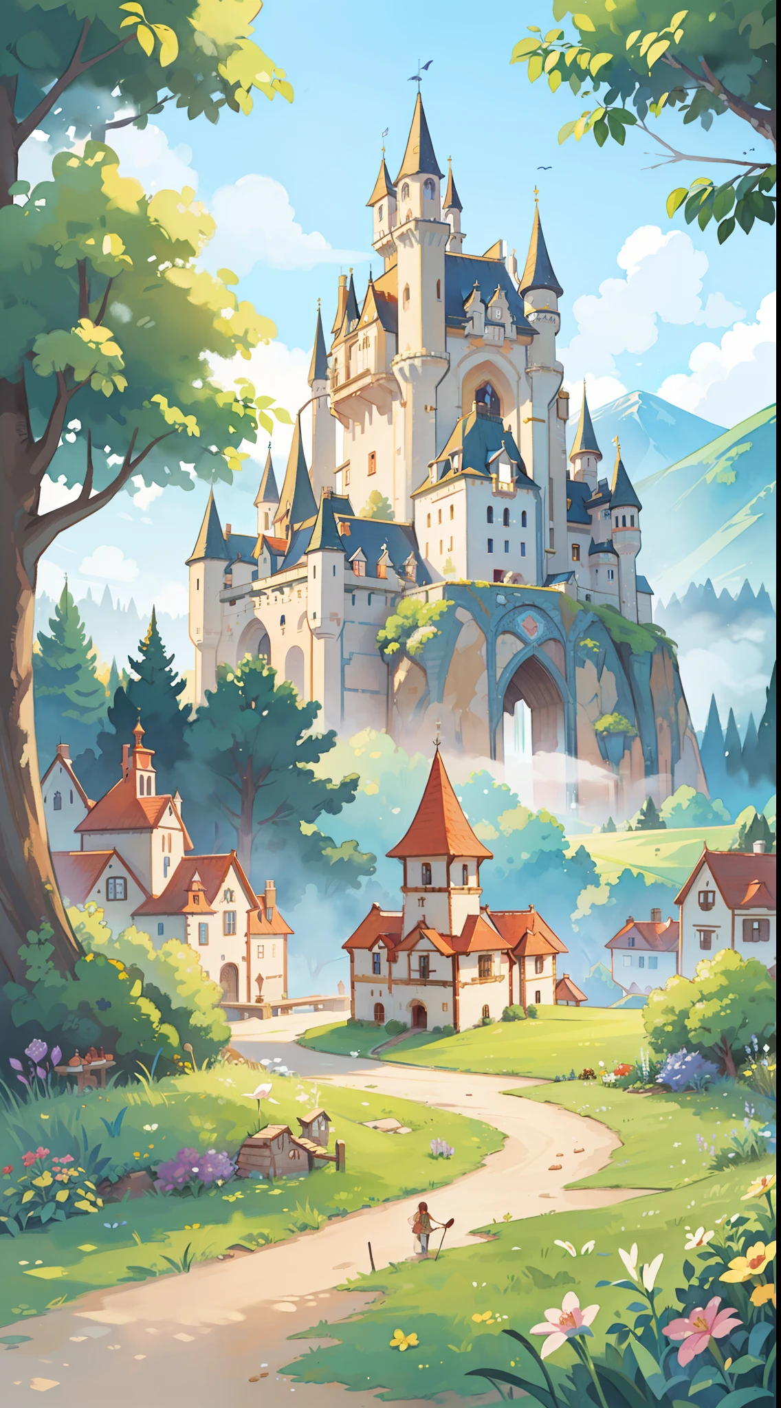 ((picture book illustration)), fantasy landscape, watercolor illustration, whimsical, warm colors, fairytale castle and village, ((princess castle)), fairytale medieval style houses, ((masterpiece)), highly detailed environment